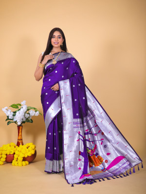 Purple color soft paithani silk saree with zari weaving work