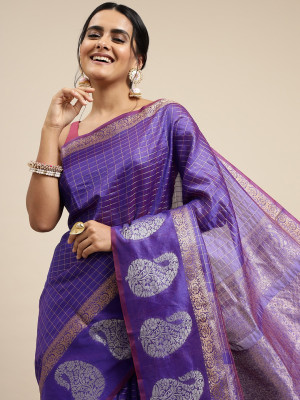 Violet color soft linen silk saree with zari weaving work