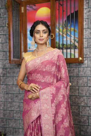 Pink color soft cotton saree with lucknowi work