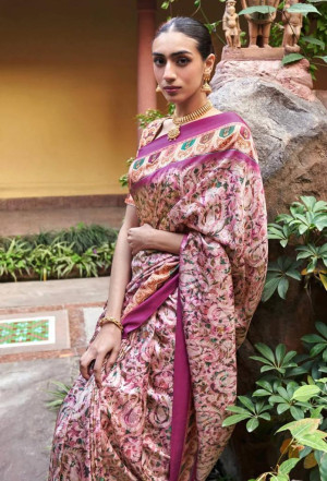 Baby pink color muslin silk saree with digital printed work