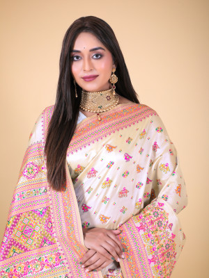 Off white color banarasi silk saree with woven design