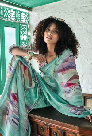 Sea green color soft muslin crepe silk saree with digital printed work