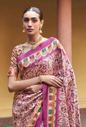 Baby pink color muslin silk saree with digital printed work