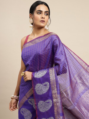 Violet color soft linen silk saree with zari weaving work