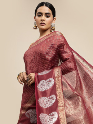Coffee color soft linen silk saree with zari weaving work