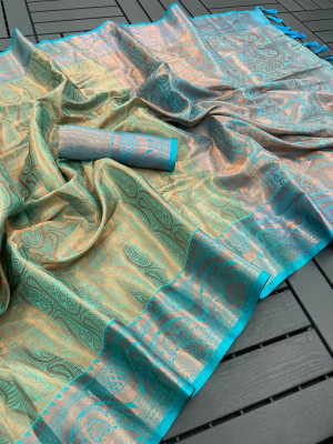 Sea green and firoji color kanchipuram silk saree with zari weaving work