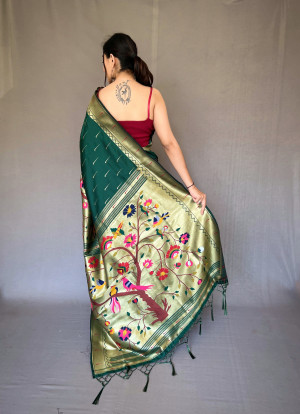 Bottle green color paithani silk saree with zari weaving work