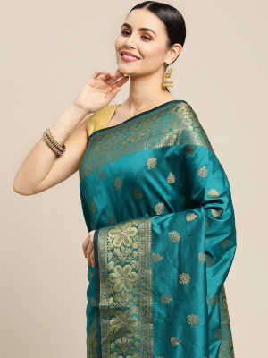 Firoji color lichi silk saree with zari weaving work