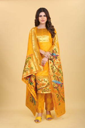 Orange color paithani silk unstitched dress