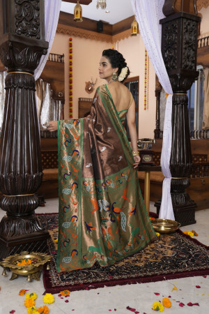 Brown color paithani silk saree with zari weaving work