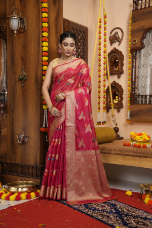 Pink color soft organza silk saree with zari weaving work