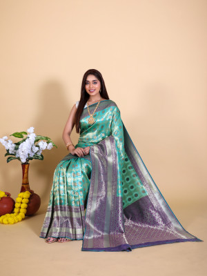 Sea green and purple color tissue silk saree with zari weaving work
