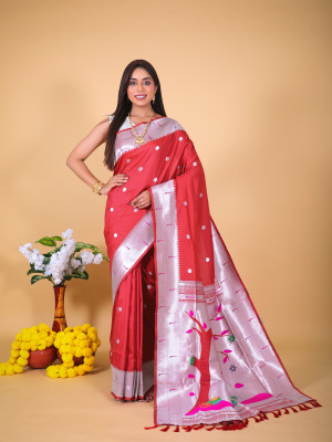 Red color soft paithani silk saree with zari weaving work