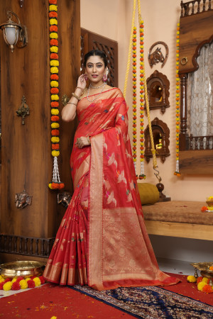 Red color soft organza silk saree with zari weaving work