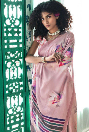 Baby pink color soft muslin crepe silk saree with digital printed work