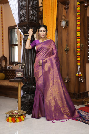 Magenta color kanjivaram silk saree with zari weaving work