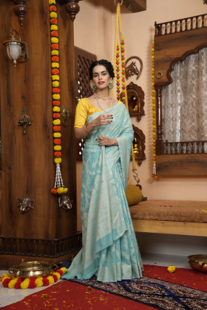Sea green color soft cotton saree with lucknowi work