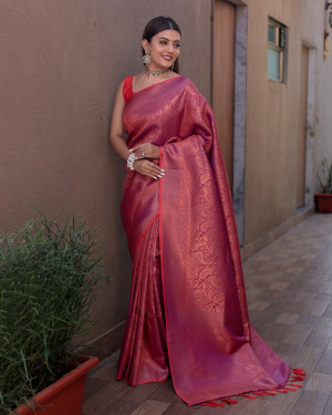 Magenta color kanchipuram silk saree with zari woven work