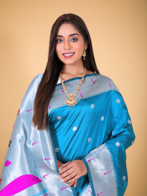 Firoji color soft paithani silk saree with zari weaving work