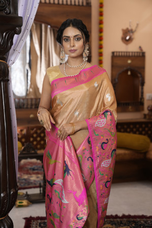 Beige color paithani silk saree with zari weaving work