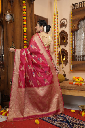 Pink color soft organza silk saree with zari weaving work