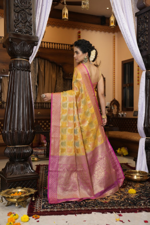 Yellow color soft linen silk saree with zari weaving work