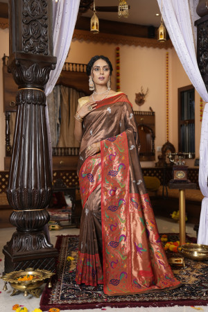 Brown color paithani silk saree with zari weaving work