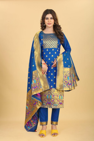 Blue color paithani silk unstitched dress