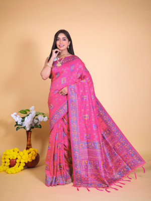 Pink color banarasi silk saree with woven design