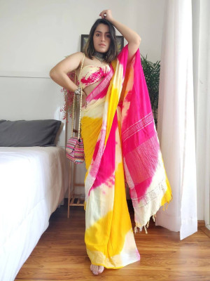 Multi color soft linen cotton saree with shibori printed work