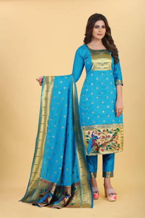 Firoji color paithani silk unstitched dress