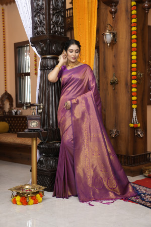 Magenta color kanjivaram silk saree with zari weaving work