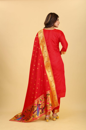 Red color paithani silk unstitched dress