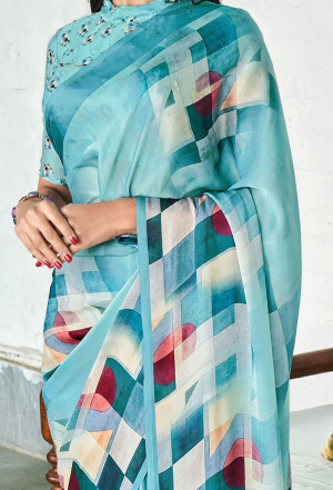 Sky blue color soft muslin crepe silk saree with digital printed work