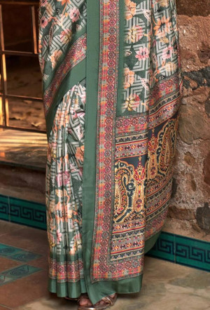 Green color muslin crepe silk saree with digital printed work