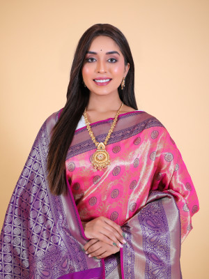 Pink and blue color tissue silk saree with zari weaving work
