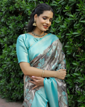 Sky blue color soft silk saree with digital printed work