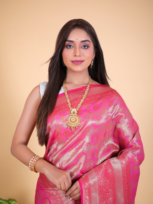 Pink and red color tissue silk saree with zari weaving work