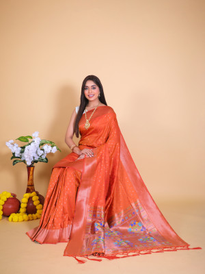 Orange color paithani silk saree with zari weaving work
