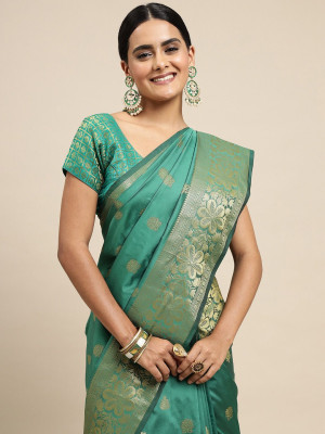 Rama green color lichi silk saree with zari weaving work