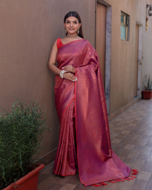 Magenta color kanchipuram silk saree with zari woven work