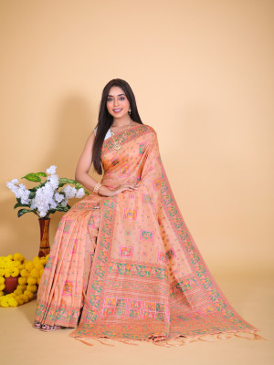 Peach color banarasi silk saree with woven design
