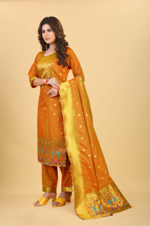 Mustard yellow color paithani silk unstitched dress