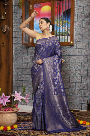 Navy blue color kanjivaram silk saree with zari weaving work