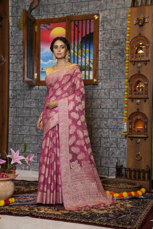 Pink color soft cotton saree with lucknowi work