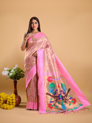 Baby pink color paithani silk saree with zari weaving work