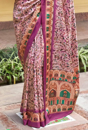 Baby pink color muslin crepe silk saree with digital printed work