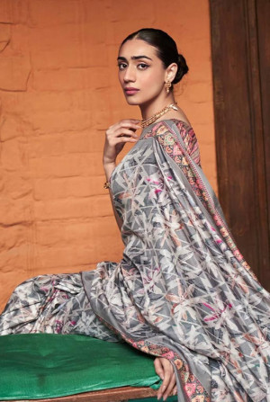 Gray color muslin silk saree with digital printed work