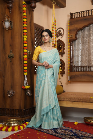 Sea green color soft cotton saree with lucknowi work