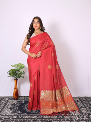 Red color lichi silk saree with zari weaving work